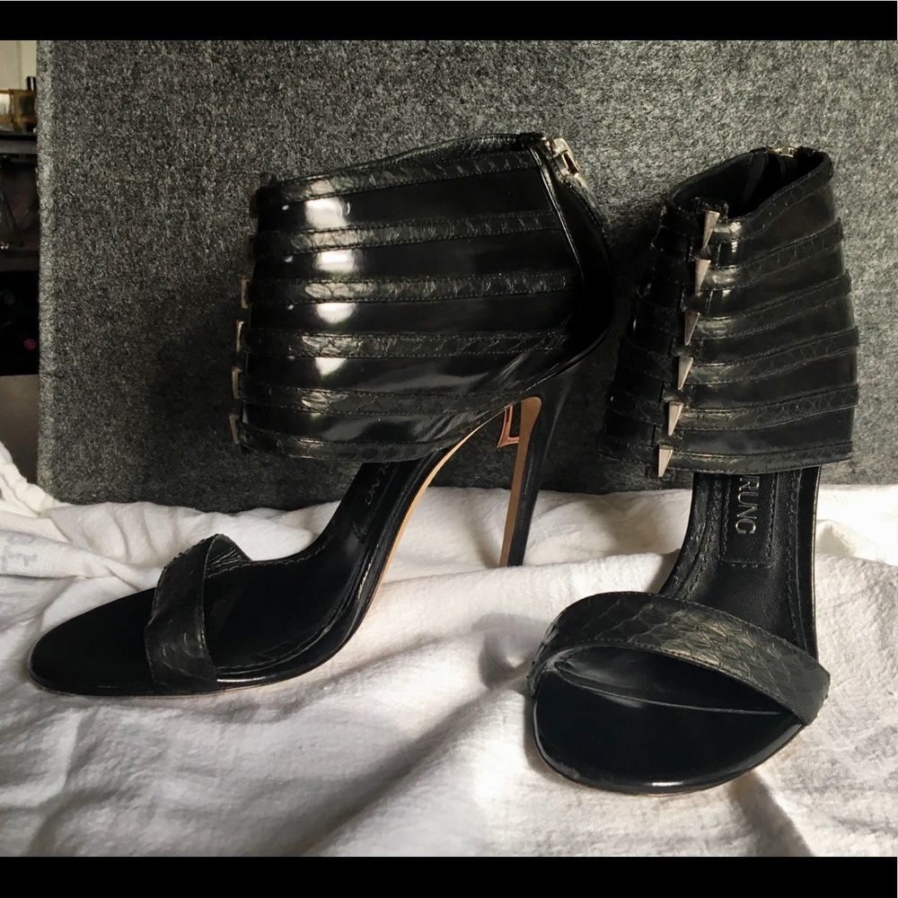 Prabal Gurung Black Leather and Faux Snake Heels